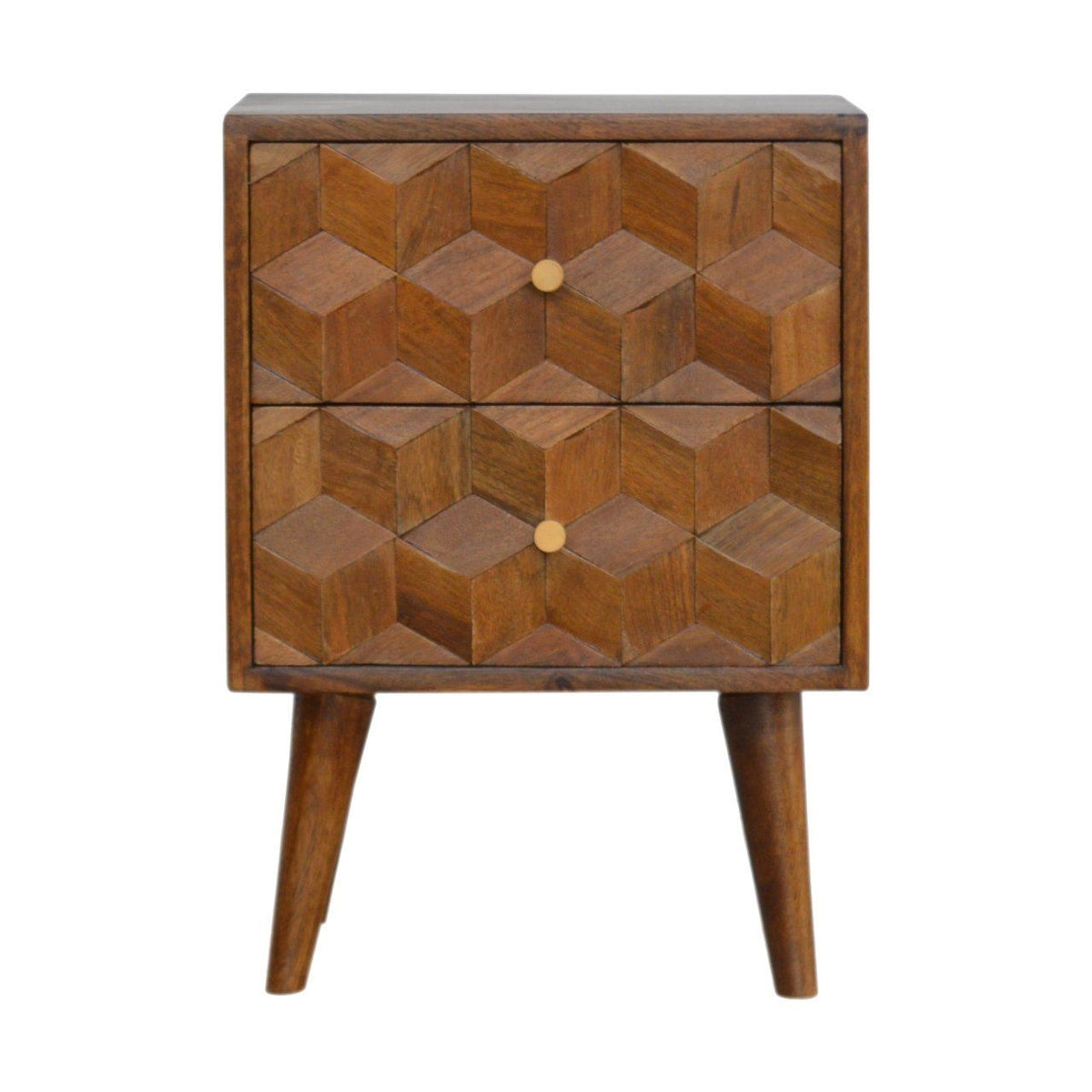 Artisan Chestnut Cube Carved Bedside Table