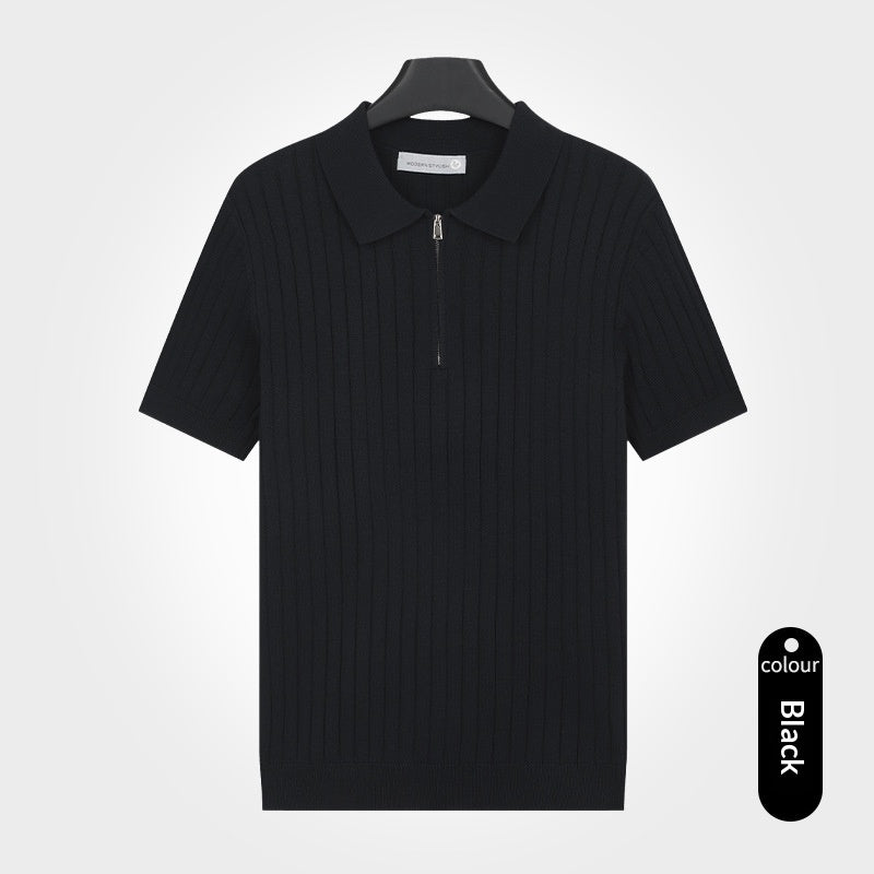 Old-money-style Lapel Zip-up Short-sleeve T-shirt Knit Sweater