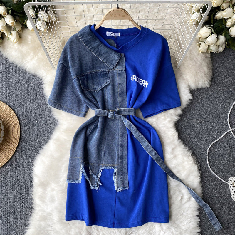 Round Neck Denim Patchwork Dress