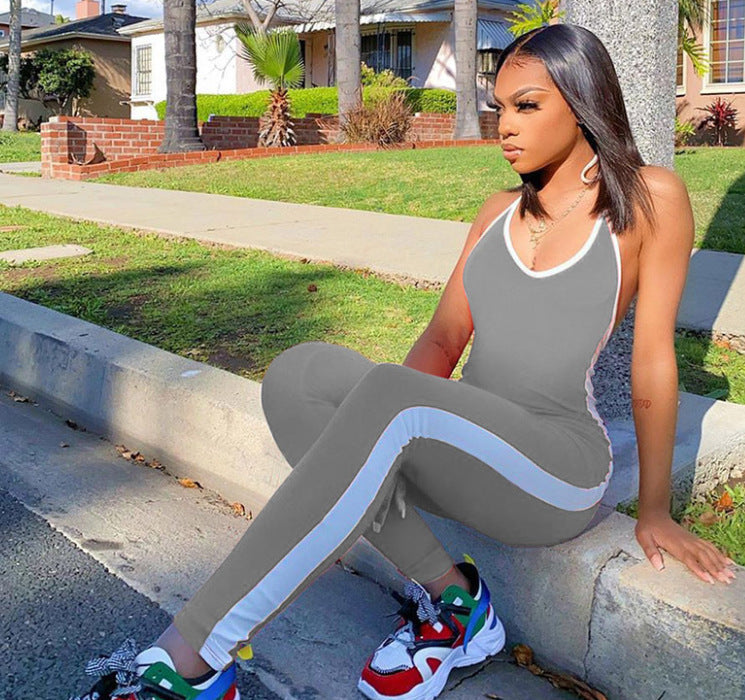Sporty Patchwork Halter Backless jumpsuit