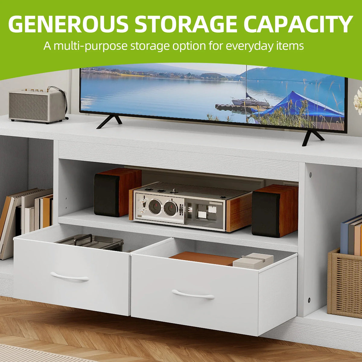 148cm White TV Stand for 65 Inch TV with Doors & Adjustable Shelves Home Table