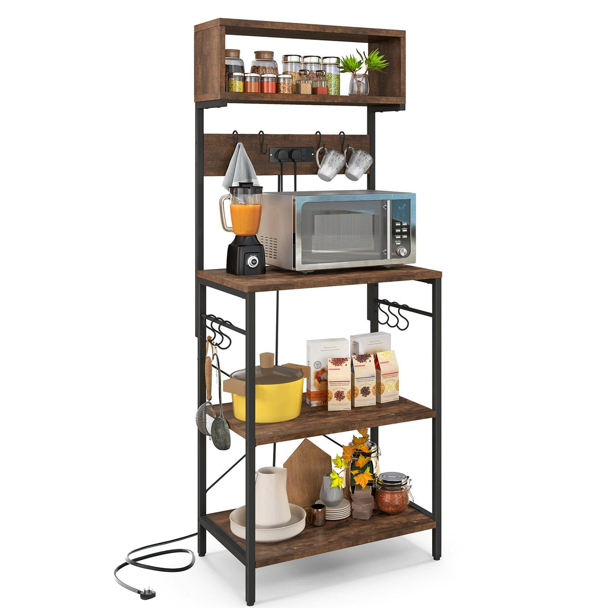 153 cm Tall Microwave Stand Kitchen Bakers Rack with Power Outlet-Rustic Brown