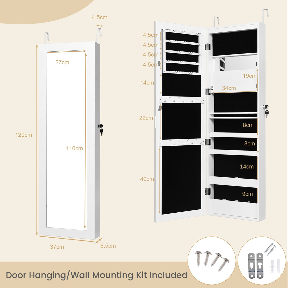 120cm Full Length Lockable Mirror Jewelry Cabinet with 15 LEDs-Black