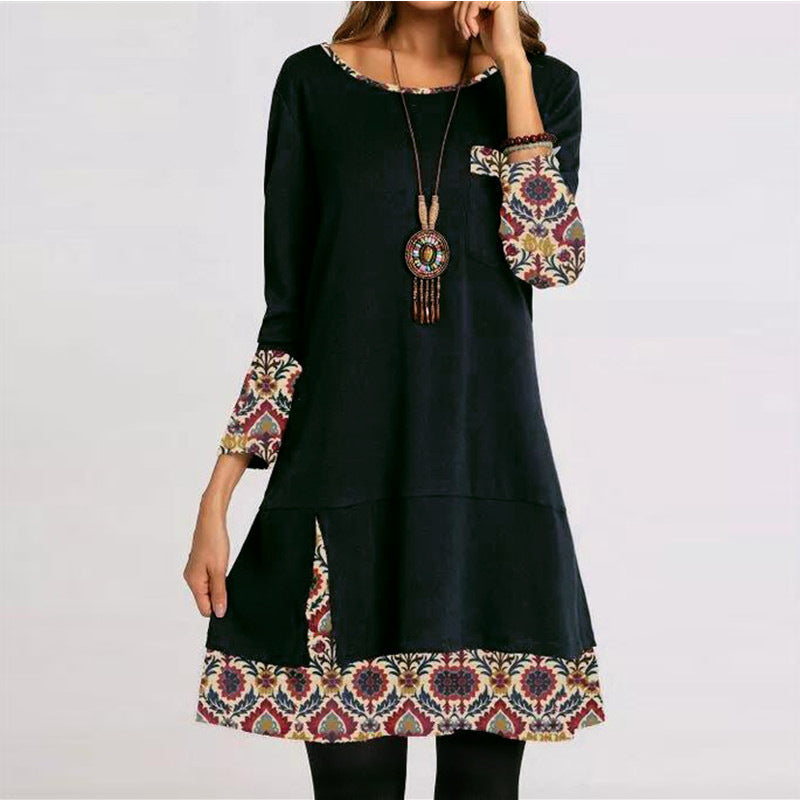 Patchwork Printed Round Neck Long Sleeve Dress