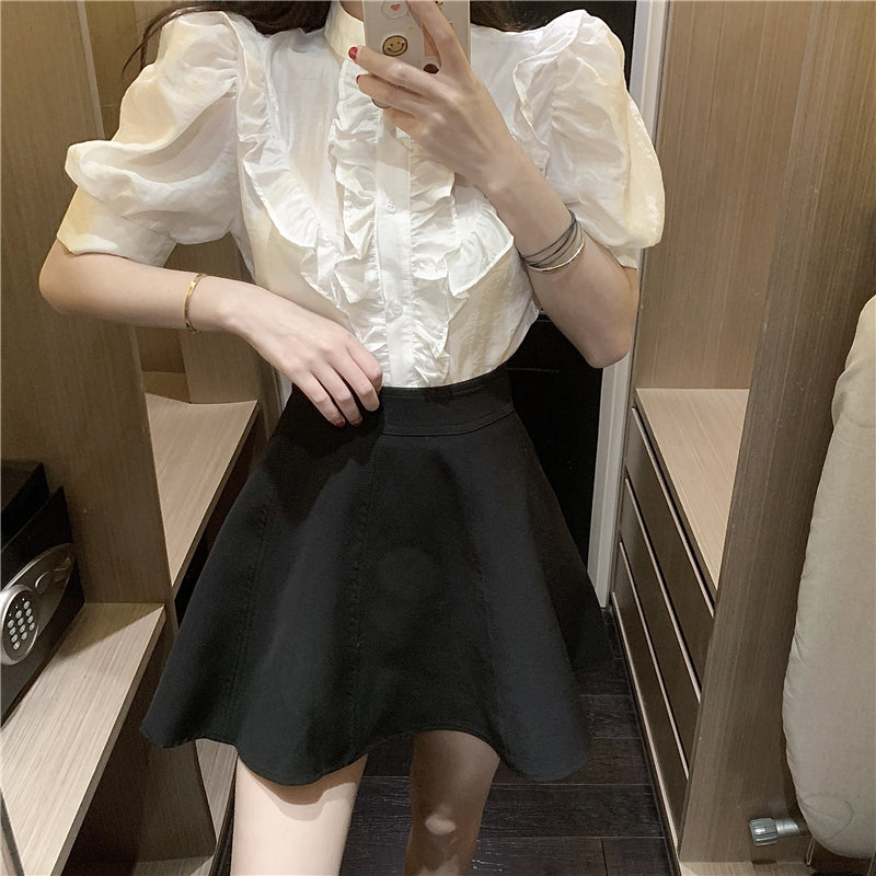 Shirt Women''s Short Ruffle Design Minority White Short Sleeve Shirt Summer French Thin Bubble Sleeve Top