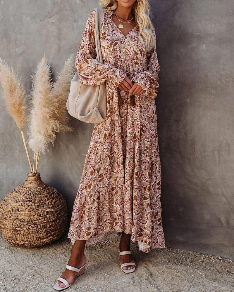 S-5Xl Loose V-Neck Lace Long Print Beach Dress
