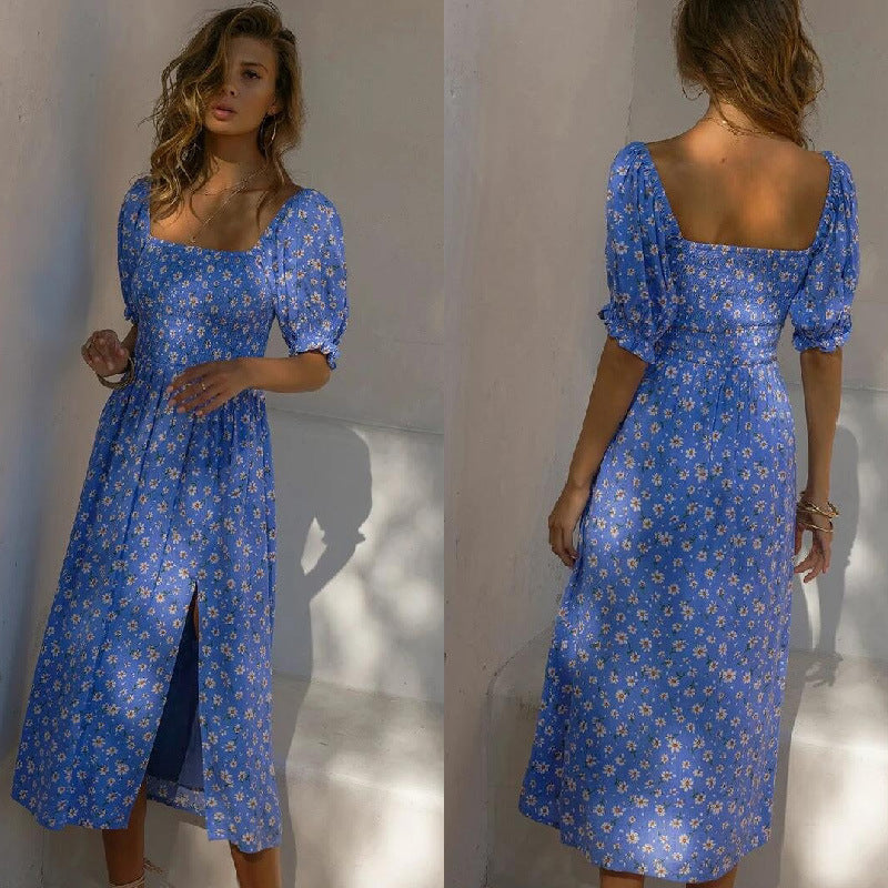 Summer New Floral V Neck Sweet Split Dress Women