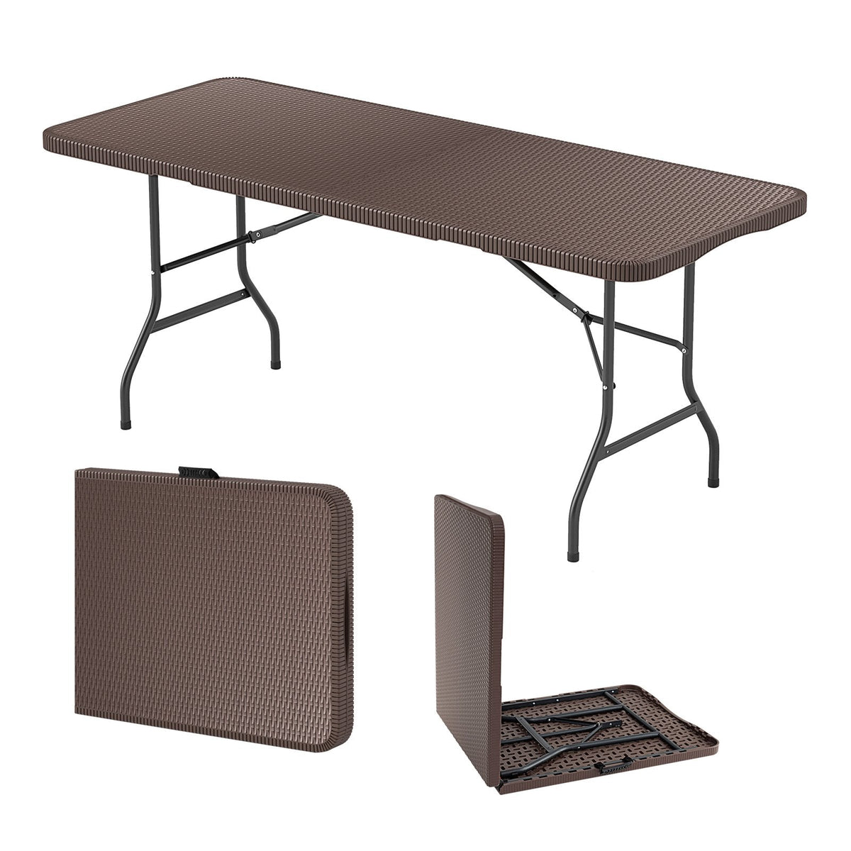 180cm Folding Table with Rattan-Like HDPE Tabletop and Safe Lock Mechanism-Coffee