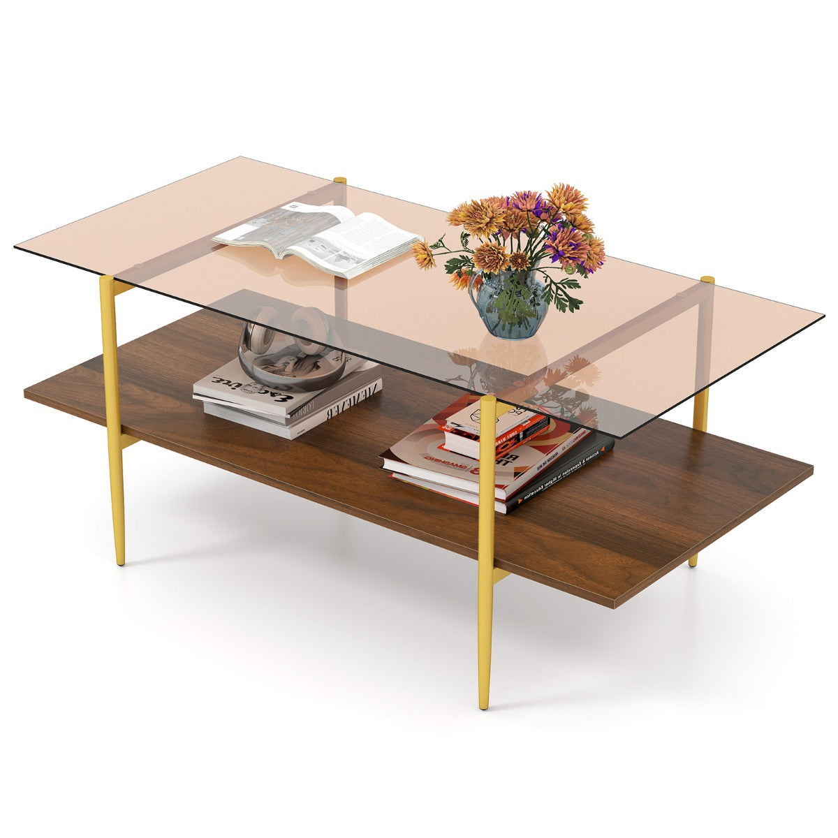 2-Tier Glass Coffee Table with Tampered Glass Tabletop & Open Storage Shelf-Brown