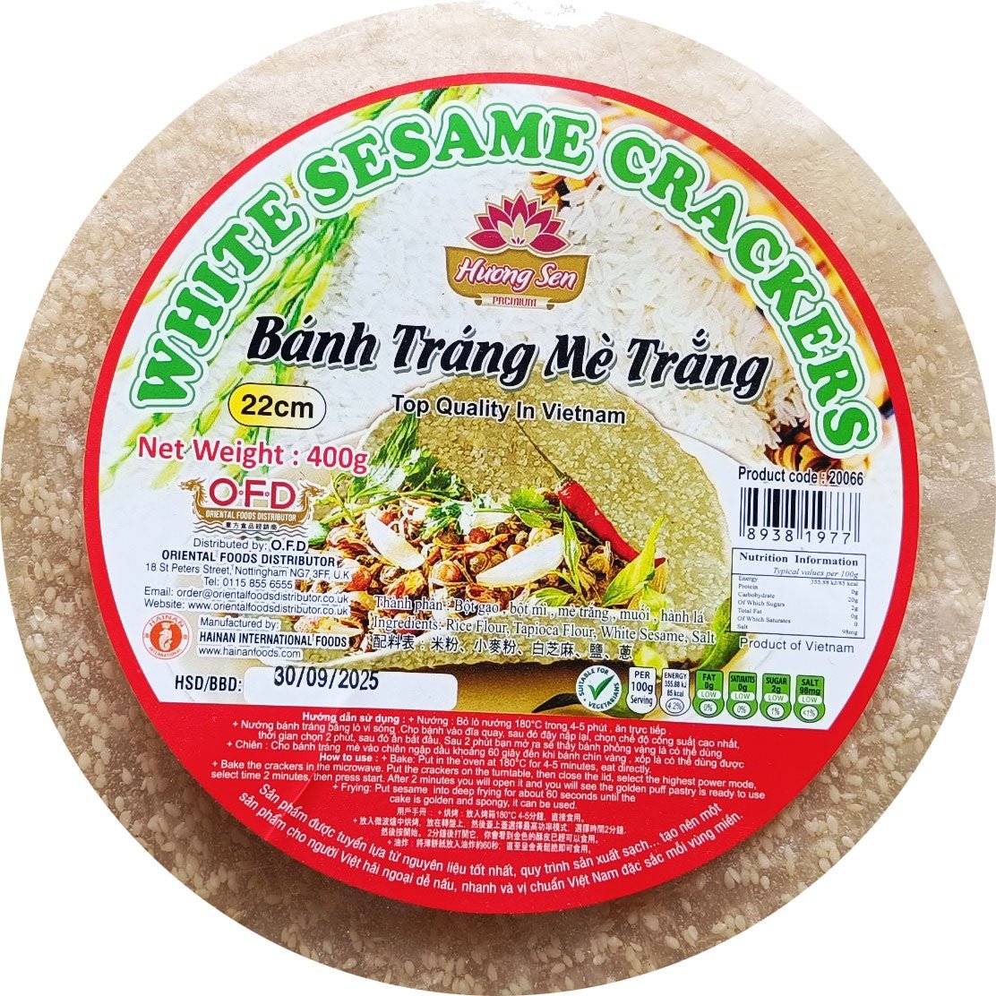 HUONG SEN White Sesame Crackers Banh Trang Me Trang 22cm 400g