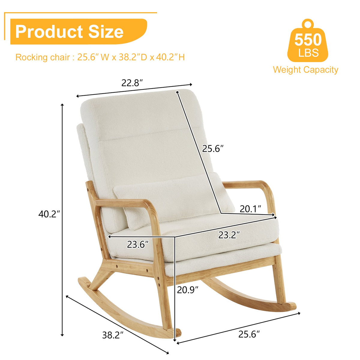 100*65*101cm High Back Belt Waist Pillow Log Color Solid Wood Armrest Backrest Seat Frame Iron Frame Indoor Rocking Chair/armchair dual use Off-White Teddy Fleece
