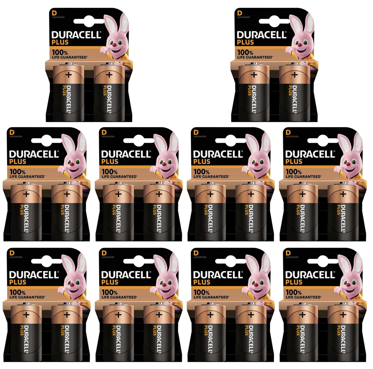 10 x Duracell Plus D Paquete de 2 unidades