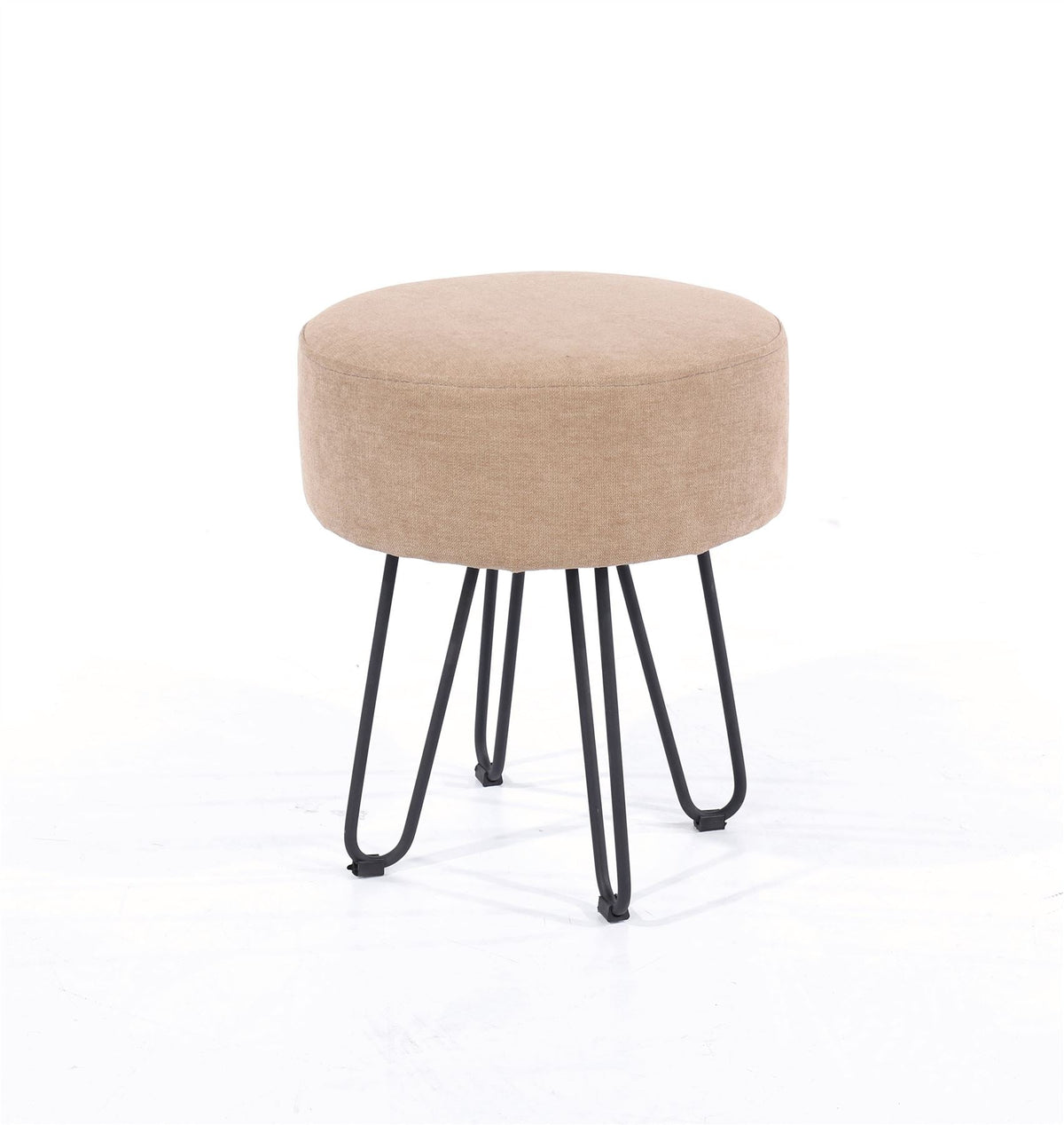 Sand Polyurethane Upholstered Round Stool With Black Metal Legs
