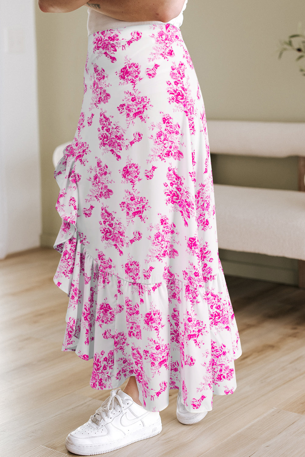 Sky Blue Boho Floral High Waist Ruffle Split Maxi Skirt