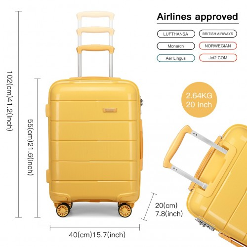 K1997L - KONO 20 INCH CABIN SIZE HARD SHELL PP SUITCASE - YELLOW