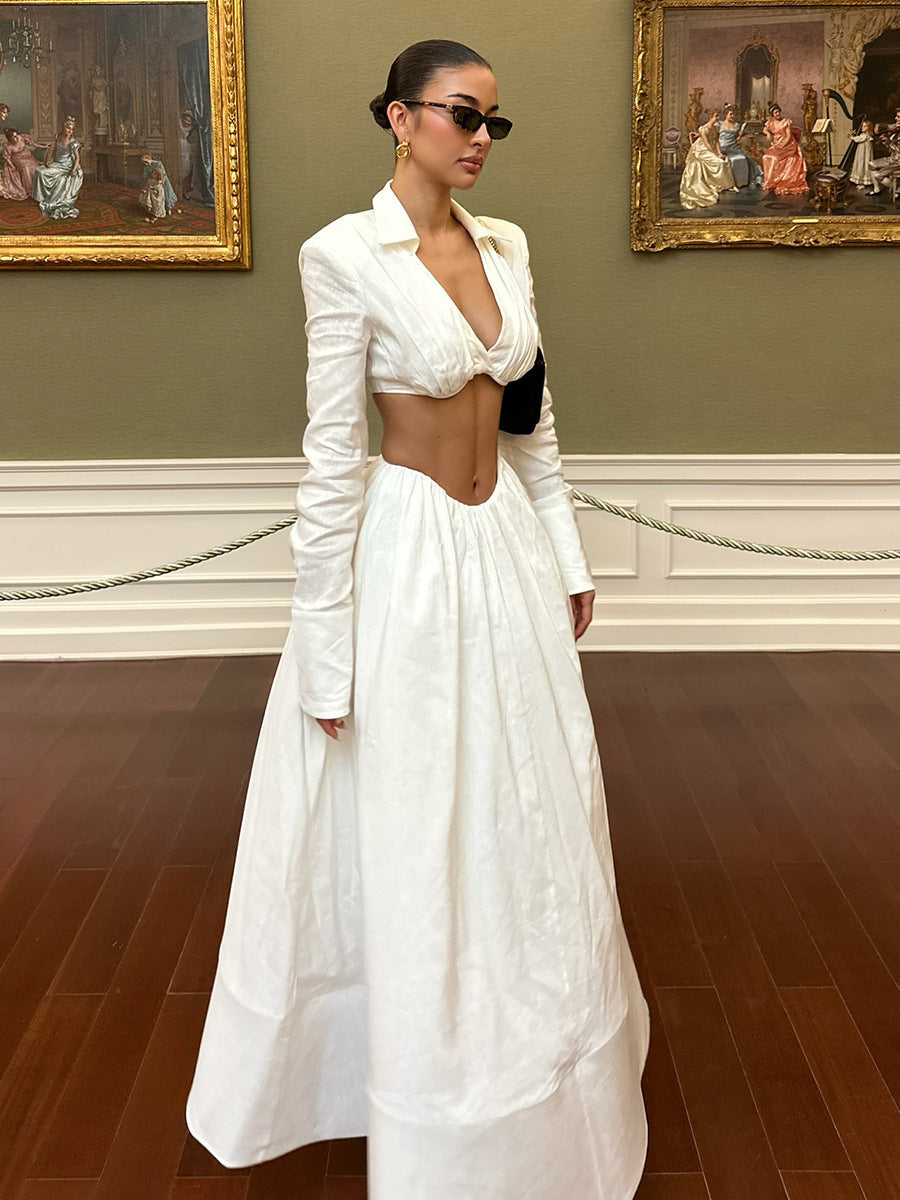 White Cutout Shirt Collar Two-Piece Set - Long Sleeve Crop Top & High-Waisted Maxi Skirt
