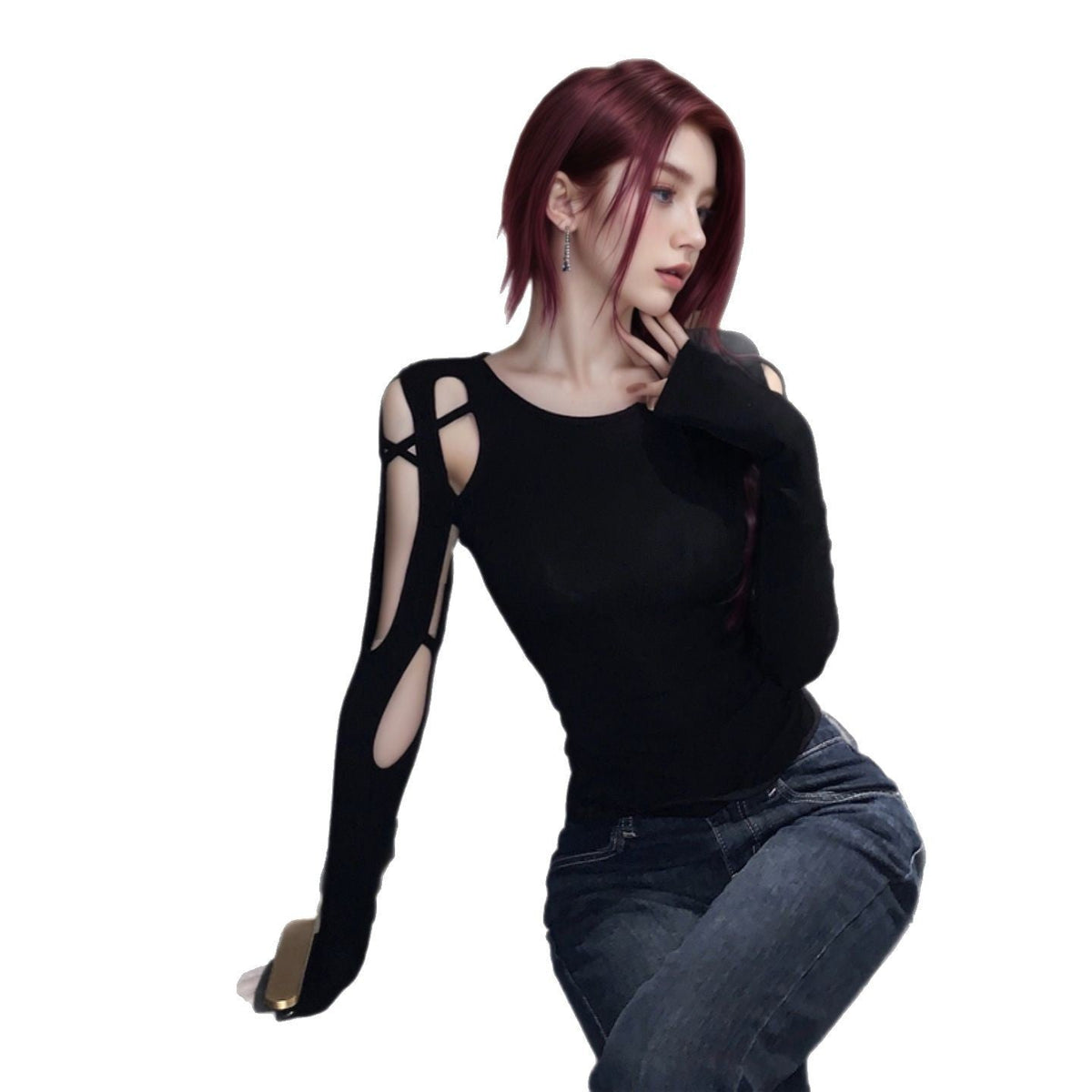 Long-sleeved Off-shoulder Cropped Hollow-out Women's Black T-shirt