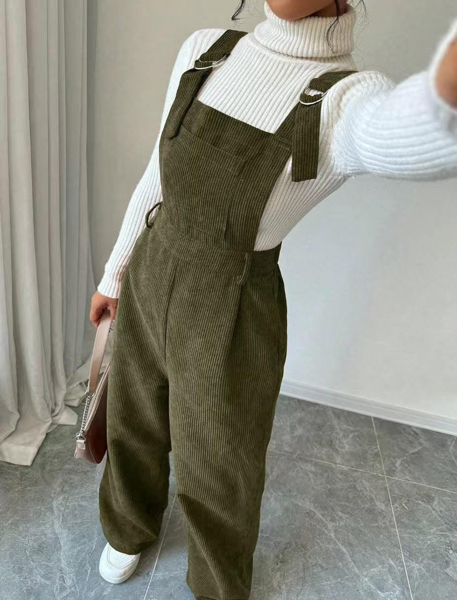 Corduroy Loose Straight Bib Pants Women