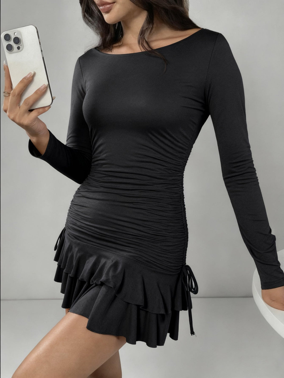 Women's Solid-Color Long-Sleeve Drawstring Fashion Short Dress