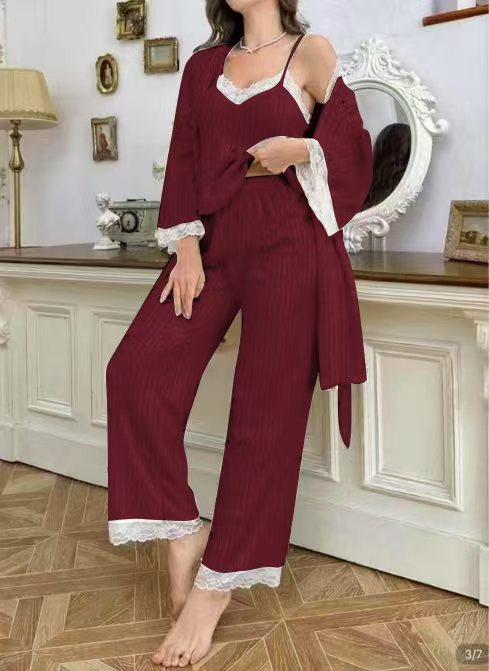 Women's Lace Trimmed Camisole Jacket And Cherry Print Trousers Three Piece Set