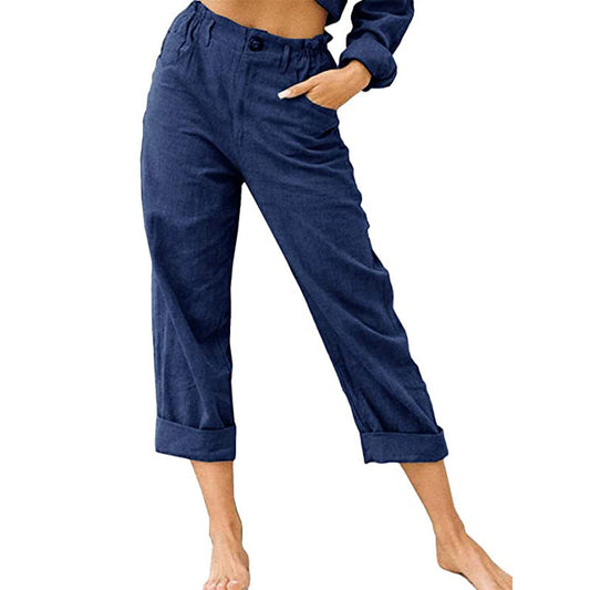 Women's Cotton Linen Patchwork Trousers | High Waist Drawstring | Loose Casual Pants | 11 Colours | S–3XL
