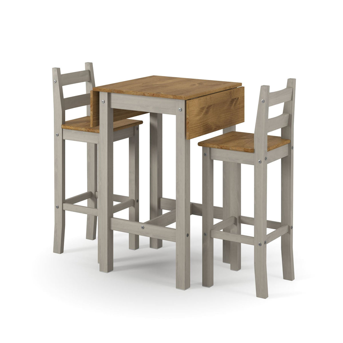 Corona Grey Wax Finish Square High Breakfast Bar Drop Leaf Table And Bar Chair Set