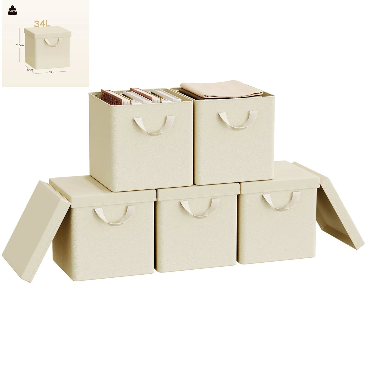 3/5 Set Foldable Fabric Storage Boxes Lids Closet Clothing Organiser Cream Grey
