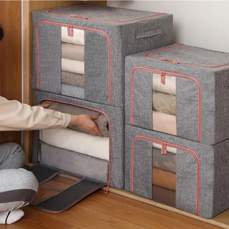 3 Pack Foldable Storage Boxes 24L Clothes Organiser Bags Zip Grey Window Box