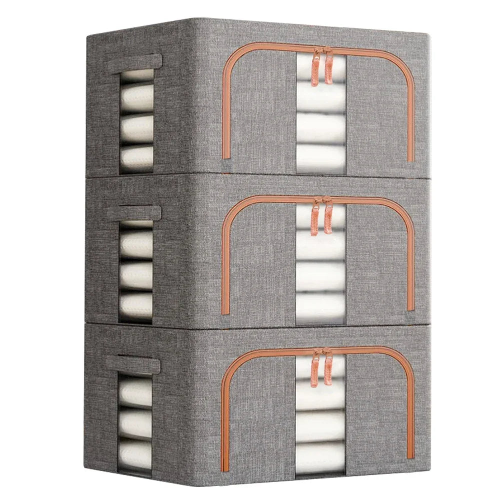 3 Pack Clothes Storage Box Clear Windows – Linen Fabric Boxes Metal Frame Handles