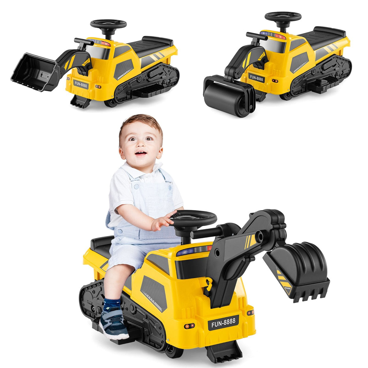 3-in-1 Ride on Tractor Electric Excavator Bulldozer Roller with Adjustable Arms-Yellow