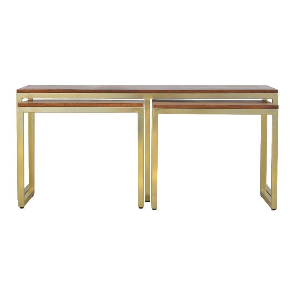 Artisan Solid Wood & Iron Gold Base Table Set of 3