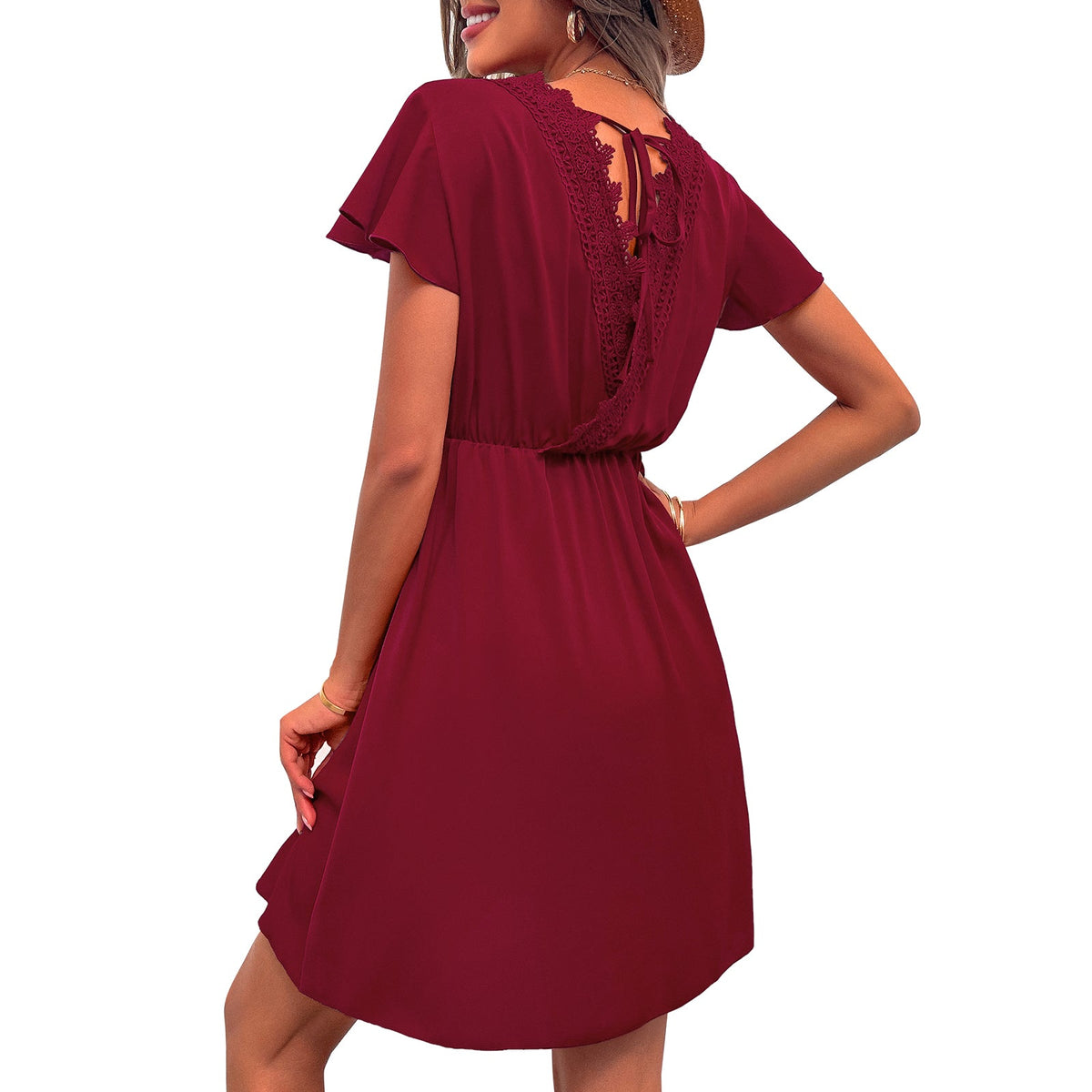 Fashion V Neck Lace Chiffon Backless Dress