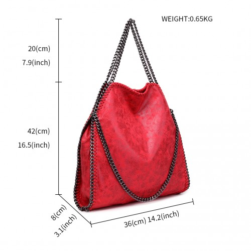 S1760 - Miss Lulu Metallic Effect Chain Tote Bag - Red