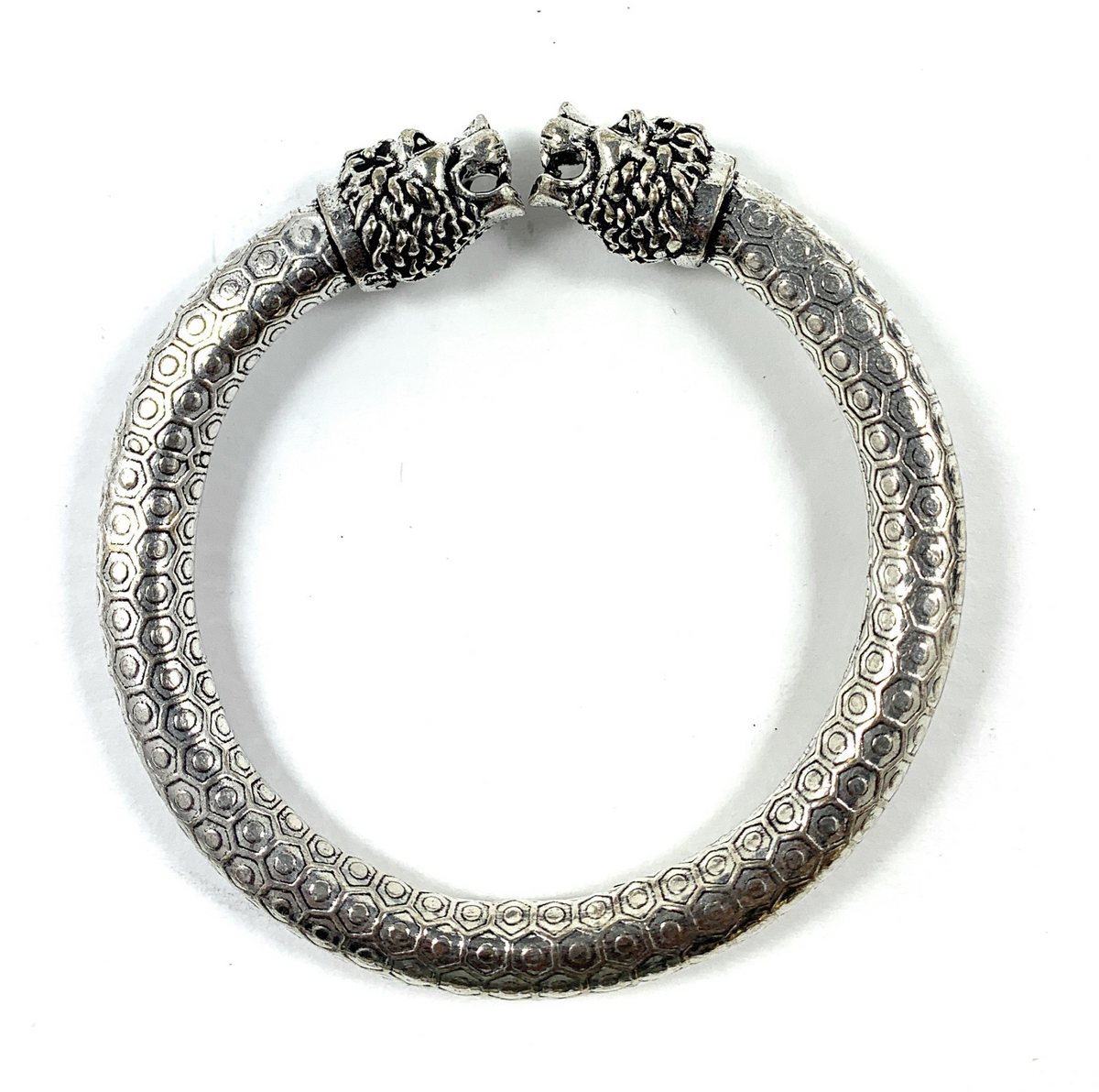 Antique Norse Bracelet With Lion Heads & Hexagon Pattern