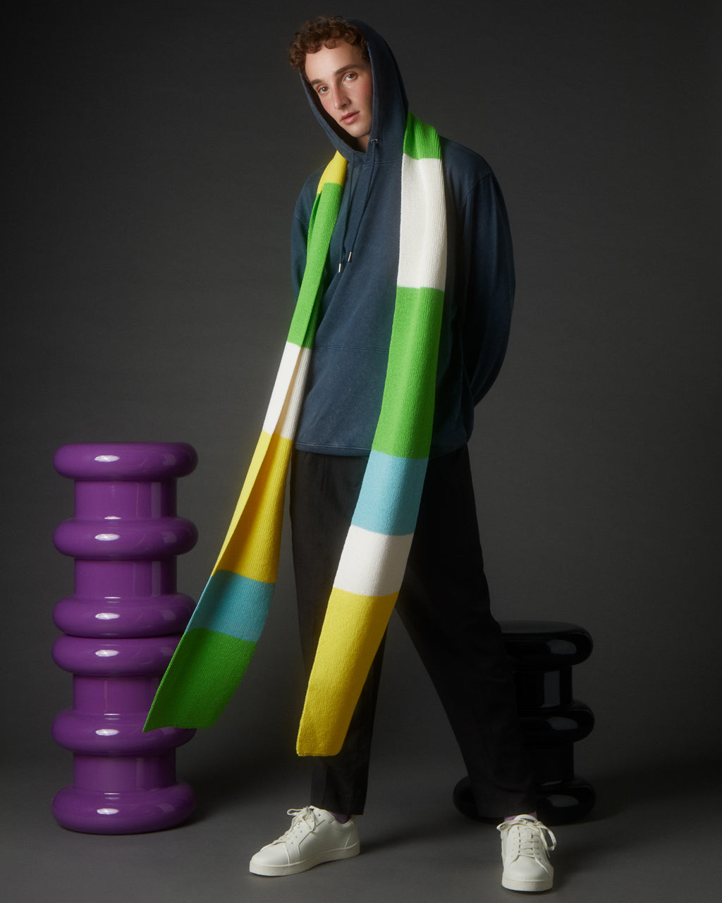 Ribbed Colour Block Wool & Cashmere Scarf Long Green