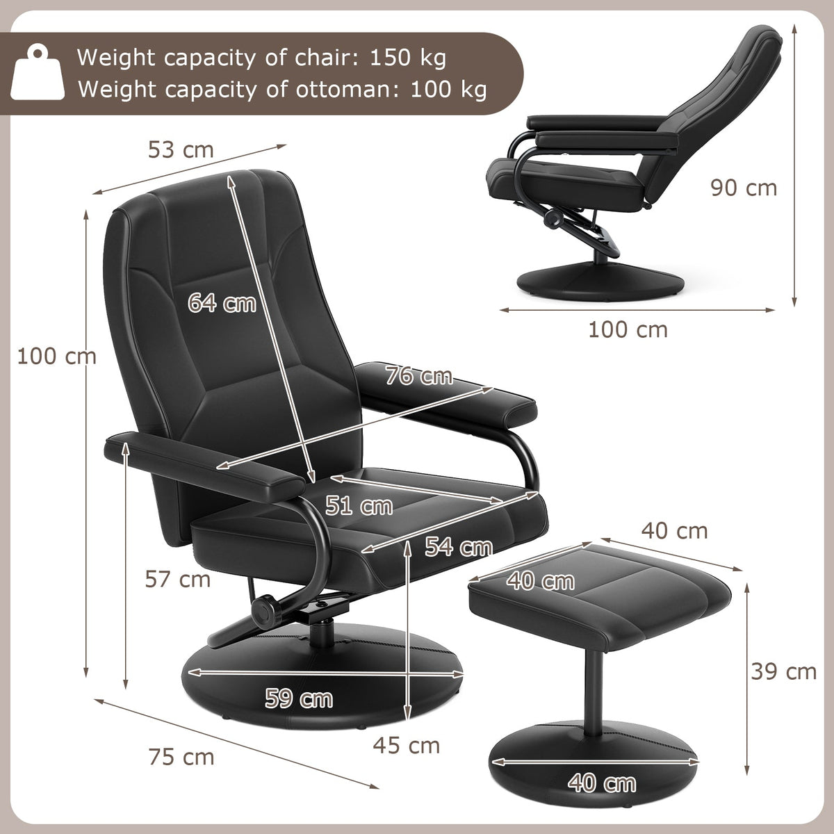 360° Swivel Reclining Chair with Ottoman and Adjustable Backrest-Black