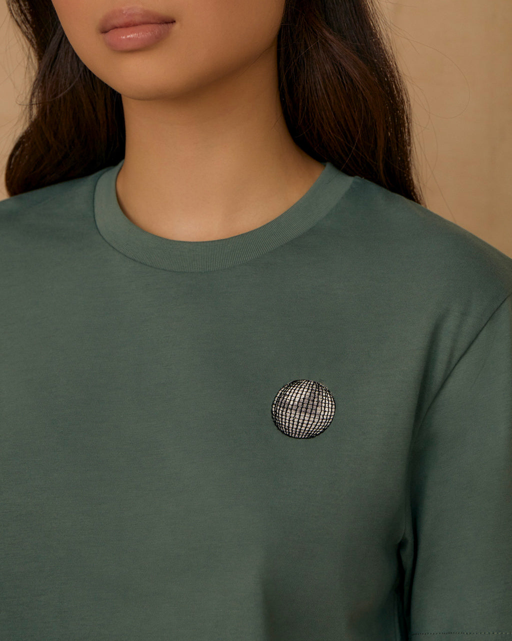 Disco Ball Embroidered Organic Cotton T-Shirt Green