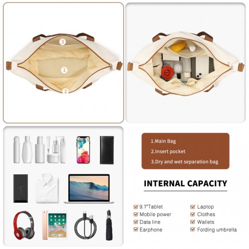 K2391L+S2366 - British Traveller 5 Piece Polypropylene and ABS Hard Shell Suitcase Set with Travel Tote and Cosmetic Pouch - Beige and Brown