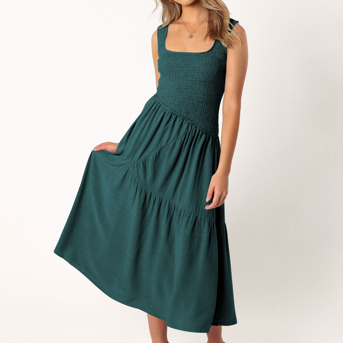 Embroidered Smocked Puff-Sleeve Maxi Dress Ivory