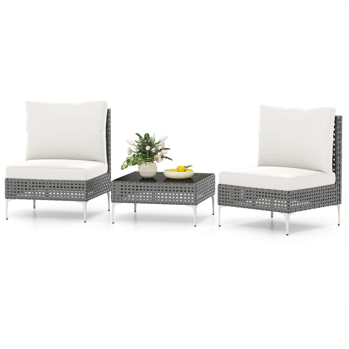 3 Pieces PE Rattan Conversation Chairs with Tempered Glass Coffee Table for Garden Porch-Grey