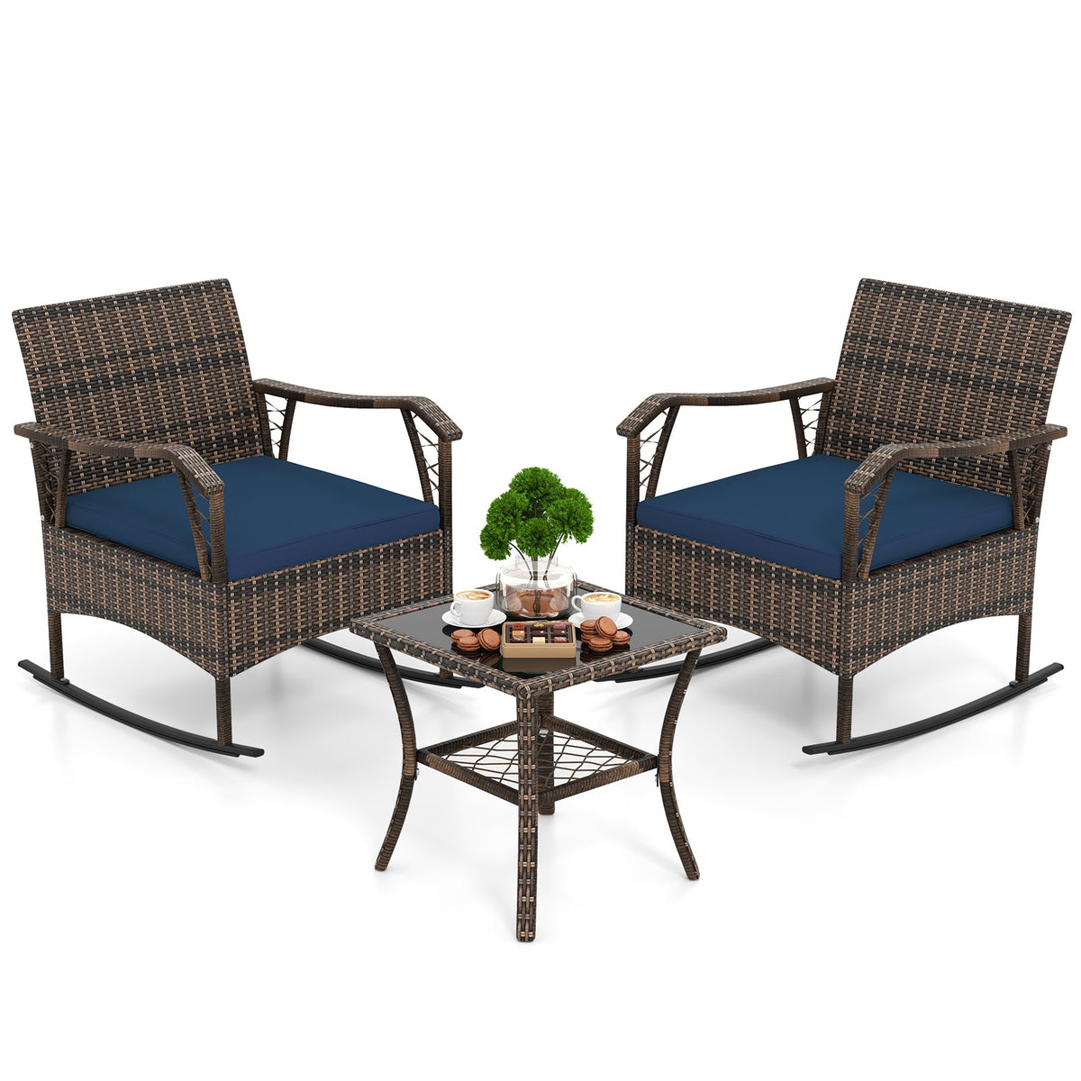 3 Pieces Rocking Bistro Set with Cushions for Porch-Navy