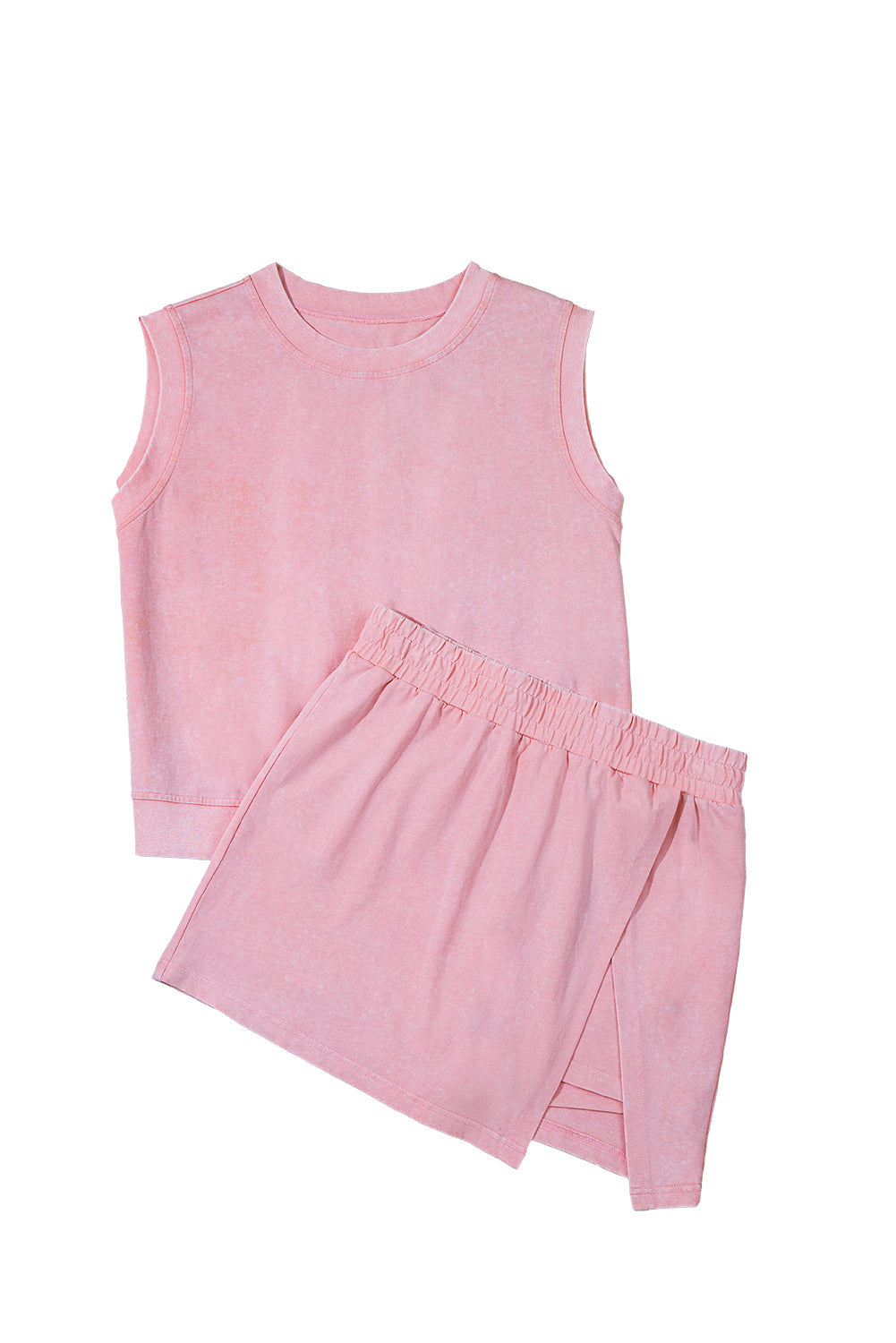 Light Pink 2 Pieces Mineral Wash Cotton Tank Top Lined Split Skirt Set