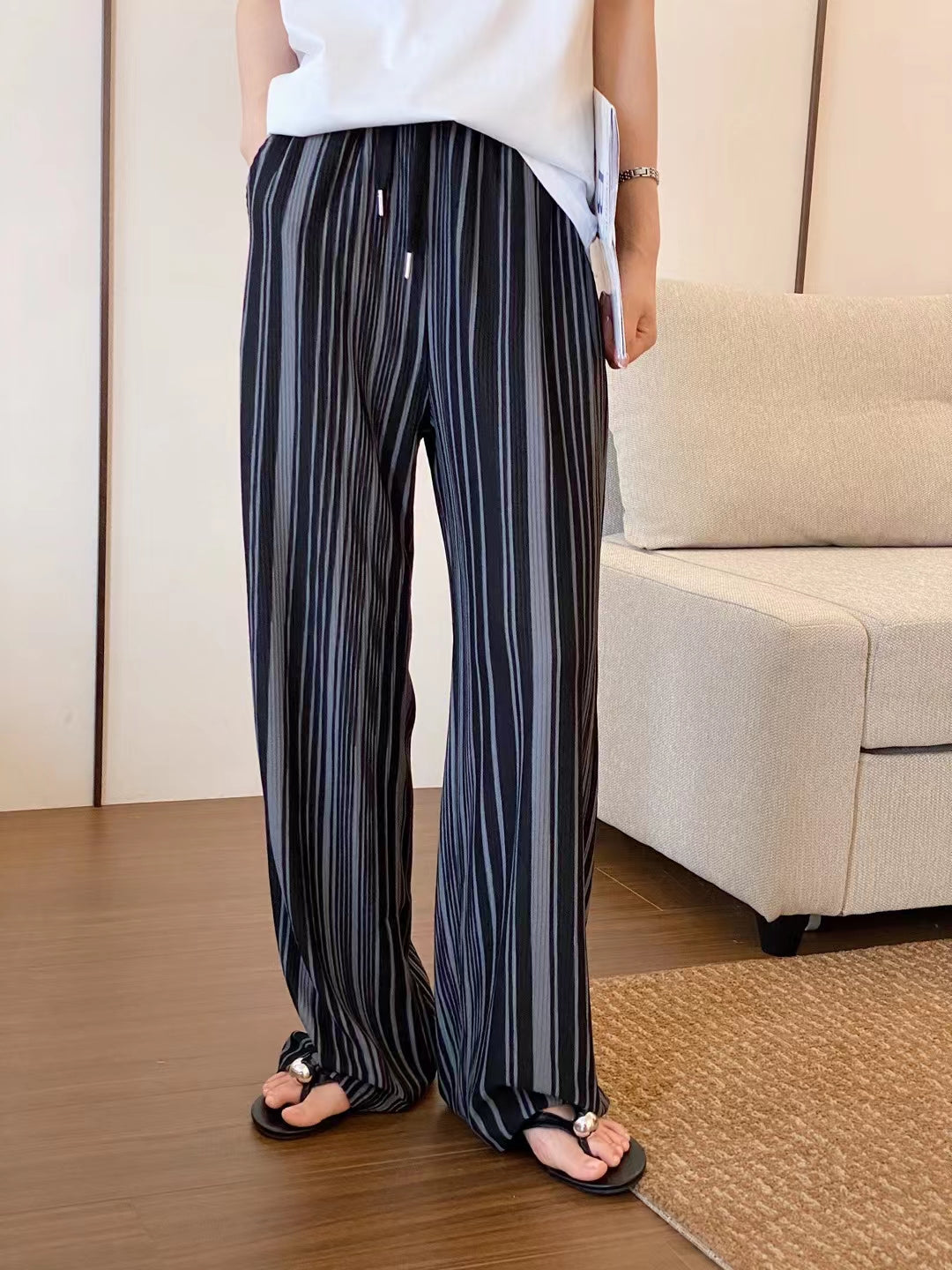 Black And White Striped Casual Pants For Women Summer