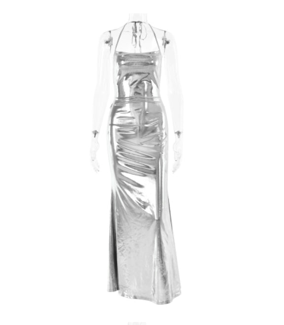 Elegant Swing Collar Backless Lace Up Slim Fit Patchwork Sheath Dress