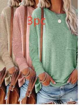 Women's Pocket Split Long Sleeve T-Shirt | Casual Round Neck Layering Top