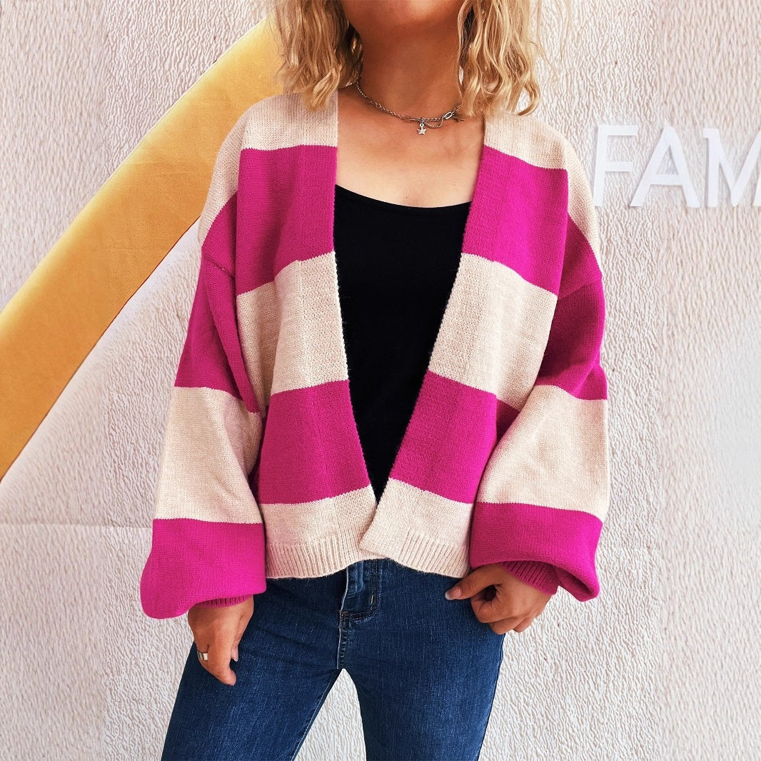 European And American Style Contrast Color Striped Cardigan Women's Loose Long Sleeve Sweater Coat