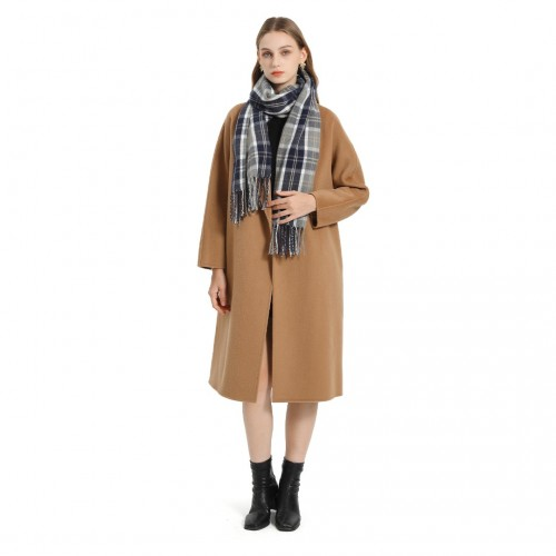 SFN4401 - Elegant Color Block Scarf with Fringe Detailing – Versatile Oversized Design - Navy