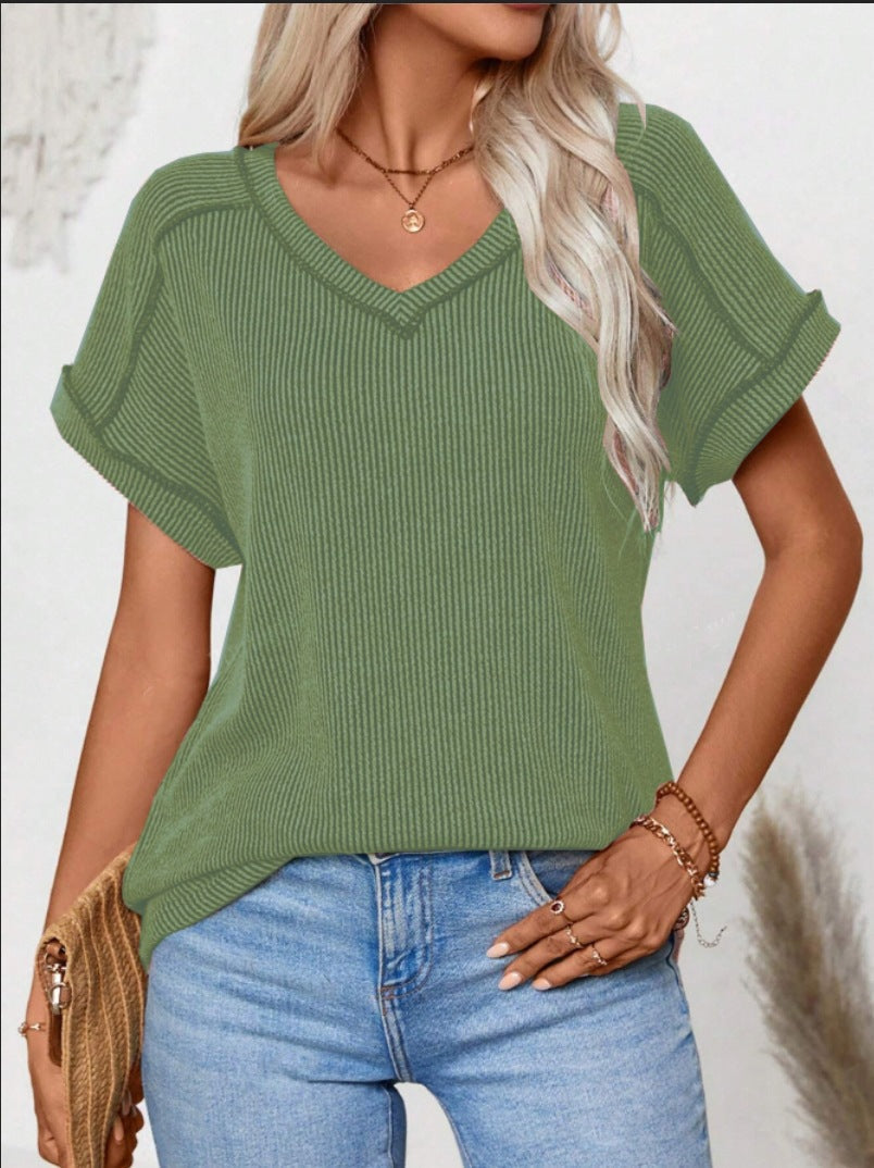 Fashionable Two-tone Twisty Stretch Short-sleeve V-neck Top Women's T-shirt
