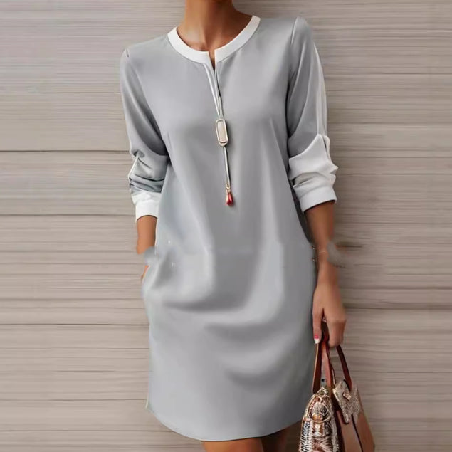 Patchwork Color Round Neck Loose Casual Dress
