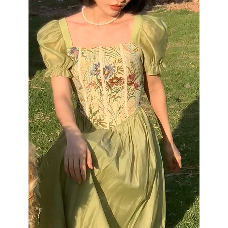 Square Neck Vintage Oil Painting Sense Patchwork Dress